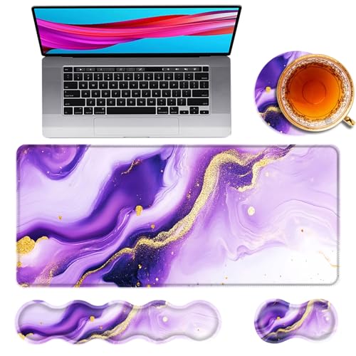 Large Mouse Pad and Keyboard Wrist Rest, Desk Pad for Keyboard and Mouse, 4-in-1 Large Gaming Mouse Pad with Wrist Support, Desk Mat for Home Office Study Game,Purple and Gold Marble - color: Purple and Gold Marble