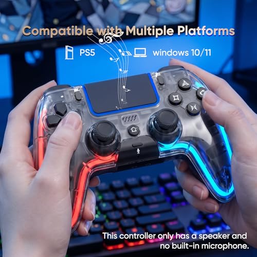 BETMI Wireless Controller for PS5, Pro/Slim/MAC/Steam Deck/PC (Transparent) | Hall Effect Joysticks,Dual Vibration, Marco/Turbo, 3.5mm Audio Jack, 6-Axis Gyro, LED Gamepad with Speaker, L Red R Blue