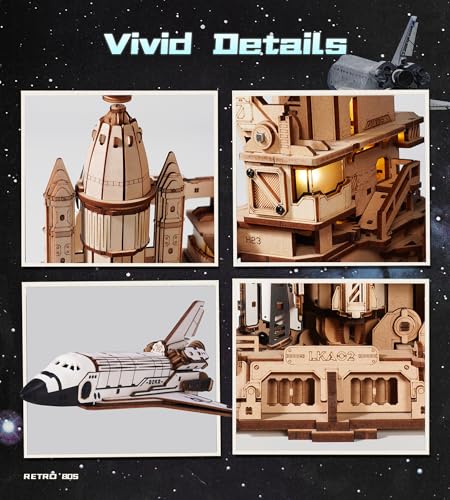 ROKR 3D Wooden Puzzles Space Shuttle-Dynamic Launch Base with Motorized Lift, LED Light Effects, 1:420 Scale Collectible Building Kit Airplane Wooden Puzzles Gift for Adults