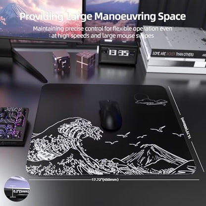 Attack Shark CM05 Contour Glass Gaming Mousepad,Nano-Micro-Etched Texture,Smooth Glass Surface,High Accuracy,Fast-Moving,Anti-Scratch, PU Leather Super Non-Slip Base,Large Size(17.7×15.7"),Black waves - color: Black waves, size: 17.7L x 15.7W inches