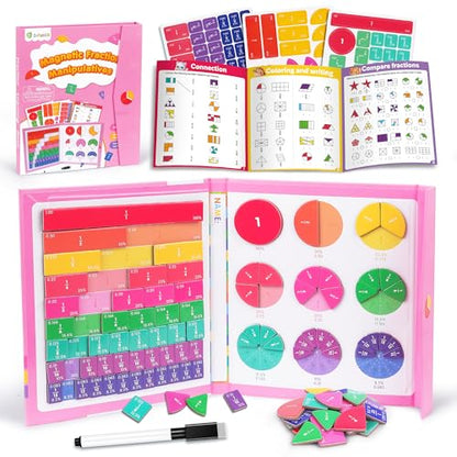 D-FantiX Magnetic Fraction Book, Magnetic Fraction Tiles & Fraction Circles Set, Math Manipulatives for Elementary School, Montessori Fraction Manipulatives Learning Tools for Kids - color: Pink