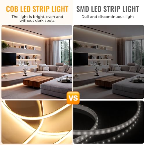 40Ft COB LED Strip Lights, Warm White 3000K Dimmable LED Light Strip with Remote, Seamless & No Strobe, Flexible & Cuttable, Complete Kit for Kitchen, Bedroom, Cabinet Lighting - color: 3000K