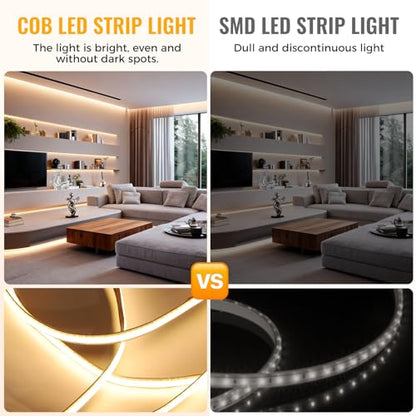 40Ft COB LED Strip Lights, Warm White 3000K Dimmable LED Light Strip with Remote, Seamless & No Strobe, Flexible & Cuttable, Complete Kit for Kitchen, Bedroom, Cabinet Lighting - color: 3000K