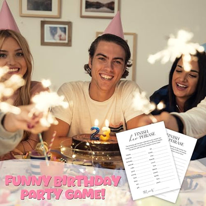 Birthday Party Games, Finish Her Phrase, 25 Pcs Card Set for Guests, Fun Birthday Game for Teen Adults – A01 - color: Finish Her Phrase