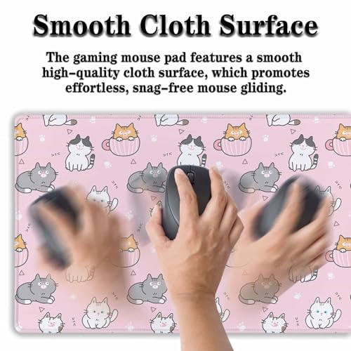 Gaming Mouse Pad Pink, Large Mousepads Computer Desk Mat, XXL Mouse Pad Gaming Non-Slip Rubber Base Waterproof with Stitched Edges, 35.4 X 15.7 inch for Work/Game/Office/Home Cartoon Cat - color: Cartoon Cat Design Pink