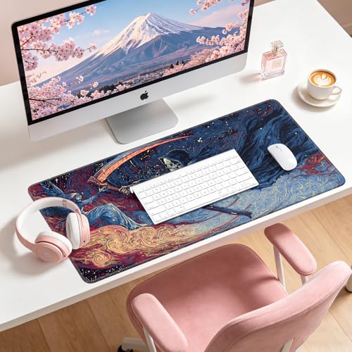 Large Gaming Mouse Pad, XL Desk Protector, Non-Slip Base | 31.5x15.7 in Extended Desk Mat with Stitched Edges for Keyboard, Work, Game, Office, Home PC and Laptop - color: Reaper Angel