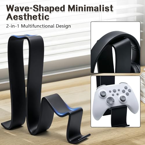 2 in 1 Universal Headphone Stand & Game Controller Holder | Wave-Shaped Universal Headset Organizer, Compatible with All Over-Ear Headphones & Xbox/PS/PC Controllers