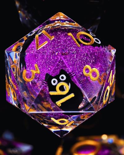 Froggod 싱글 리퀴드 코어 캣 D20 주사위 - DND, RPG, 테이블 탑 게임용 22mm 샤프 엣지 롤 플레잉 주사위 - 20면 레진 D&D 주사위, 캐스헤드 각인(퍼플) - color: 퍼플.