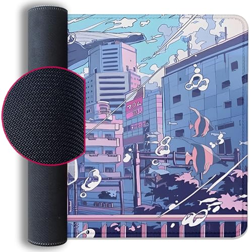 Japanese Fantasy City Boy Mouse Pad Desk Pad,Cute Kawaii Anime Mousepad,Large Extended Gaming Mouse Mat with Stitched Edges Non-Slip Waterproof Rubber Base Mous Mat for Desk Pad(27.5X11.8 in) - color: Japanese Animation
