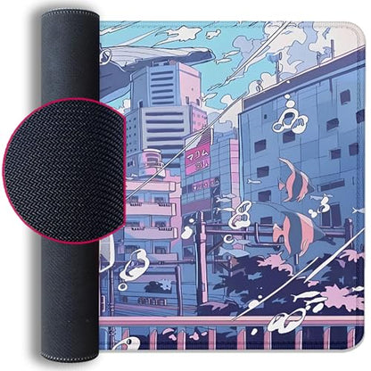 Japanese Fantasy City Boy Mouse Pad Desk Pad,Cute Kawaii Anime Mousepad,Large Extended Gaming Mouse Mat with Stitched Edges Non-Slip Waterproof Rubber Base Mous Mat for Desk Pad(27.5X11.8 in) - color: Japanese Animation