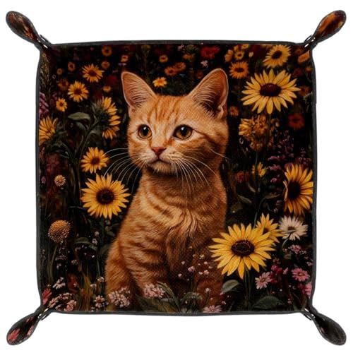 Dice Trays Sunflowers Cat Holder Storage Box for Dice Games Like RPG DND, Leather Dice Holder Portable Folding Rolling Dice Tray, 16x16cm - color: Multi 3