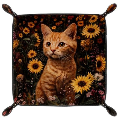 Dice Trays Sunflowers Cat Holder Storage Box for Dice Games Like RPG DND, Leather Dice Holder Portable Folding Rolling Dice Tray, 16x16cm - color: Multi 3