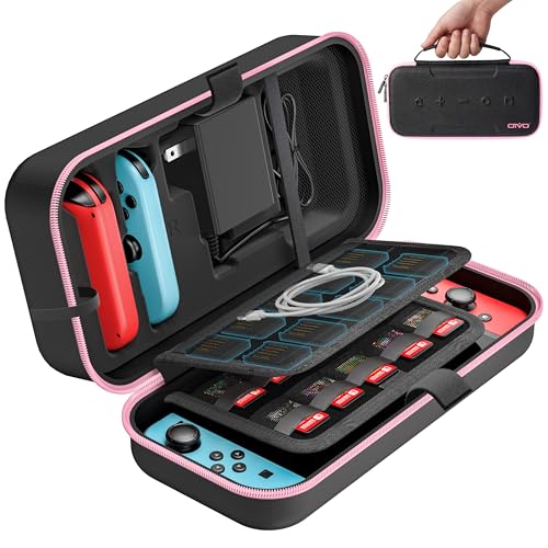 Switch OLED Carrying Case Compatible with Nintendo Switch & OLED, Portable Switch Travel Carry Case Fit for Joy-Con and Adapter, Hard Shell Protective Switch Pouch Bag with 20 Games, Pink - color: Pink, size: 2017 inches
