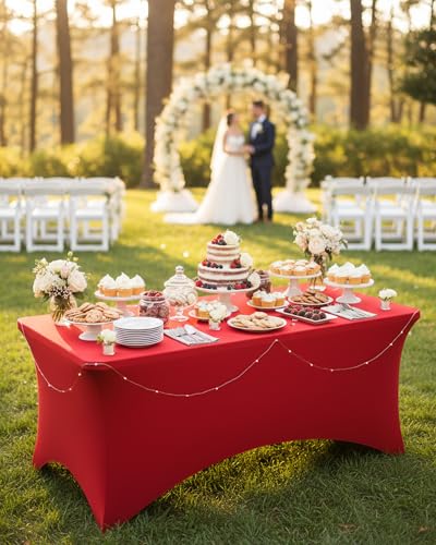 Fixwal Red Stretch Table Cloth Rectangle 2 Pack 6Ft, Spandex Fitted Table Covers Washable for Party, Trade Show, Banquet, Wedding, Buffet - color: Red, size: 6 Ft
