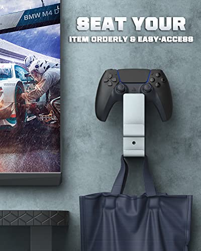 MoKo Dual Controller & Headphone Wall Mount Holder, for PS5 Xbox Switch | 2-in-1 holds two controllers and one headset. Wall mount saves desk space. Fits Xbox, PS4, PS5, Switch and PC. - color: Silver