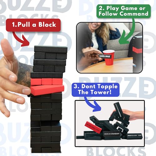 Buzzed Blocks Ultimate Party Tower with Hilarious Games and Commands | Classic Stacking Game with Fun Original Rules | Funny Entertaining Party Game for Adults 21+