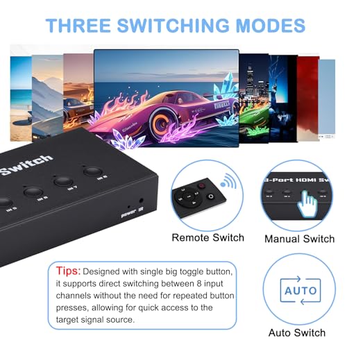 4K HDMI Switch 8 in 1 Out, 8 Port HDMI Switch with IR Remote Control, Support 4K@30Hz, 3D, 1080P, HDMI 1.4, HDCP 2.2, Ultra HD for HDTV, PS3/4/5, Game Consoles etc - color: Deep Black2