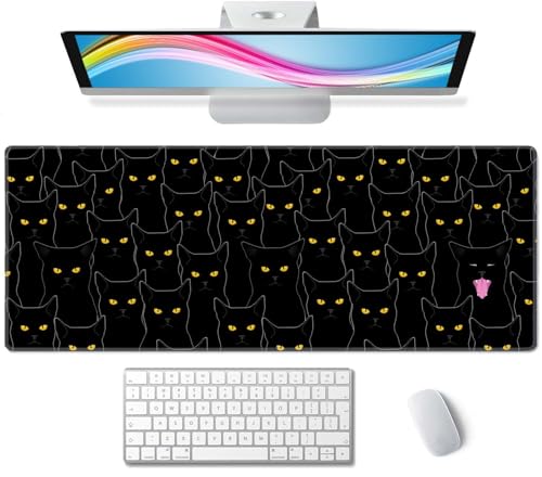 Cats Large Mouse Pad Desk Pad Black Desk Accessories for Women Men Office Decor Laptop Keyboard Mouse Mat XL Mousepad 31.5''X11.8'' Non-Slip Rubber Base with Stitched Edges - color: Black Cats Pattern