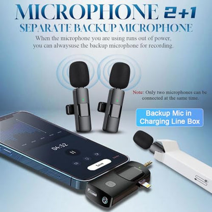 3 in 1 Wireless Lavalier Microphone for iPhone, iPad, Android, Camera,12-Hour Battery, mini Noise Reduction Recording Mic 2.4G Ultra-Low Delay, Creator Microphone/ TikTok/YouTube Live Stream( 3 Pack)