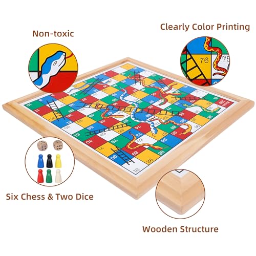 Gothink Wooden Snakes and Ladders Game - 13 Inch Educational Board Game for Children Ages 3 and Up & Adults - Classic Board Game Includes 6 Counters & 2 Dice, Rules