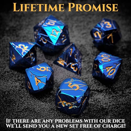Metal Dice for DND - Ancient Cracked Lightning – Blue Gold Cracks | Beautiful 7pc Polyhedral Dice Set, Smooth Rolling, Role Playing Games (RPG), Compatible with D&D, for Dungeons and Dragons - color: Metal Blue Gold Lightning