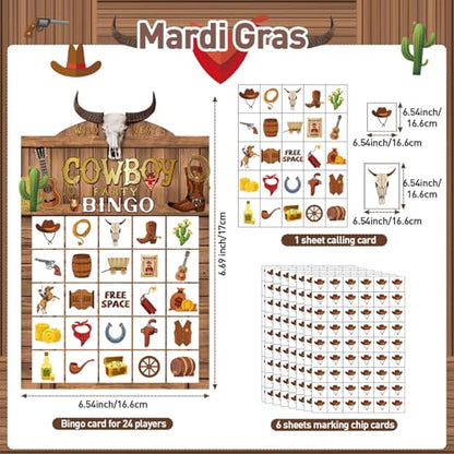 Blosssound Cowboy Bingo Game Set Bingo Cards for 24 Players Wild West Party Game for Family Activities Rodeo Holiday Cards for Western Party Favor - style: Cowboy