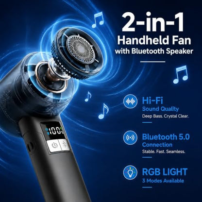 Portable Handheld Turbo Fan - Bluetooth Music Fan with LED Display 100-Speed 3000mAh Rechargeable RGB Lighting - Foldable Design 4in1 personal fan for Festivals Concerts Sports Travel & Gifts - color: Black
