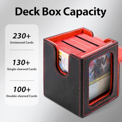 MTG Deck Box with Commander Display,Magnetic Card Storage Box Fits 100 Double Sleeved Cards,with 2 Dividers And 1 Mini Snap Card Holder Black/Red - color: Black/Red