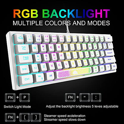 60% Gaming Keyboard and Mouse Combo Samll Mini RGB LED Backlight Mechanical Feeling and RGB 6400 DPI Honeycomb Optical Mouse,Gaming Mouse pad for Gamers and Typists - color: White