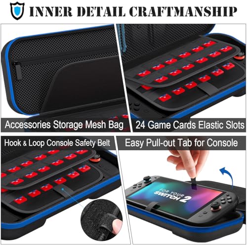 ADVcer Switch 2 Carrying Case with 24 Game Card Cartridges and Large Zipper Pocket, EVA Hard Shell Portable Travel Protective Case for Nintedo Switch2 Handheld Console, Controller & Accessories (Blue) - color: Blue