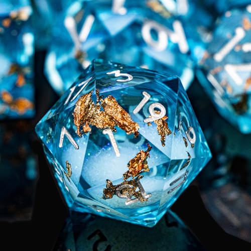 DND Dice Blue Liquid Core Dice Set with Metal Box, Handmade Sharp Edge D and D Polyhedral Dice for use with RPG D&D Role Playing Game - color: Qs-11