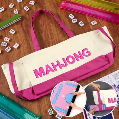 Abbylike 28x9 Inches Mahjong Bag for Rolled Mat Tiles Racks Pushers Accessories Empty Mahjong Tote Bag with Zipper Closure Outer Pockets Lining Large Capacity(Beige&hot Pink,Canvas) - color: Beige&hot Pink