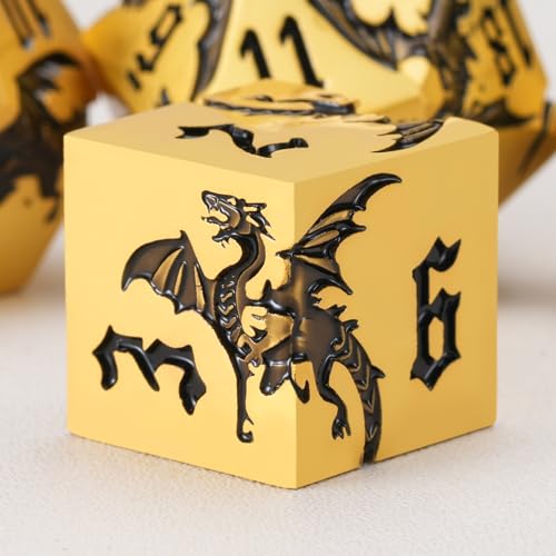 Metal DND Dragon Dice Set,D&D Polyhedral Dice with Dragon for Dungeons and Dragons RPG TTRPG D and D 7-Die Set with Gift Case Dragon-Pearl Gold Black - color: Dragon-pearl Gold Black