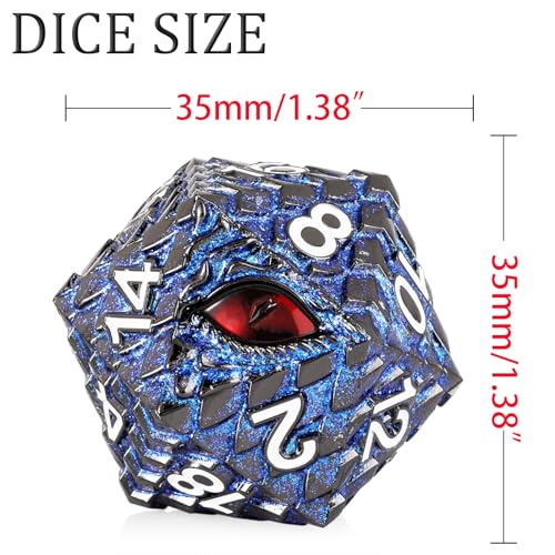 1 die Metal D20 DND Dice - Dragon Scale Metallic 20 Sided Giant Polyhedral Dice,35mm Large Dragon Eye Metal D&D Dice for Dungeons and Dragon Tabletop Game(Blue Glitter Dragon Scale) - color: Blue Glitter Dragon Scale