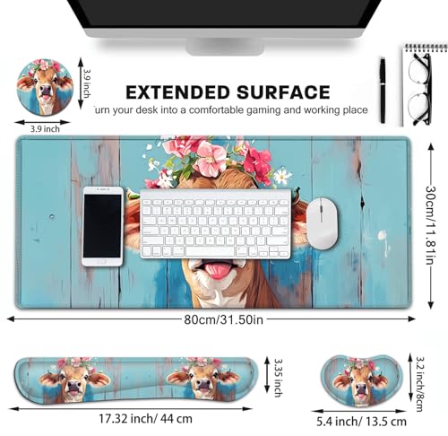 Large Gaming Mouse Pad+ Keyboard Wrist Rest Set, Ergonomics Memory Foam Mouse Mat Wrist Rest Support for Home Office, Waterproof Extended Mousepad 31.5x11.8in, Cute Cow Desk Pad - color: Yvb-mousepad-9-f-157