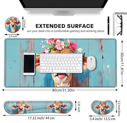 Large Gaming Mouse Pad+ Keyboard Wrist Rest Set, Ergonomics Memory Foam Mouse Mat Wrist Rest Support for Home Office, Waterproof Extended Mousepad 31.5x11.8in, Cute Cow Desk Pad - color: Yvb-mousepad-9-f-157
