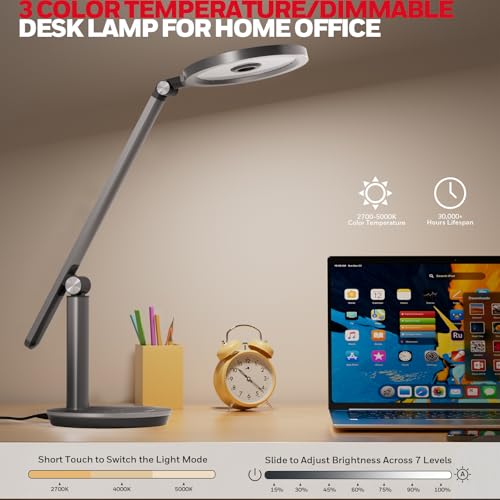 Honeywell H6 Desk Lamp for Home Office, Dimmable Reading Table Light, Gray | Sunturalux CRI≥97, RG0 Low Blue Light, Flicker-Free, 800LM Dimmable with Timer for Webcam, Study, Office & Bedroom - color: Gray
