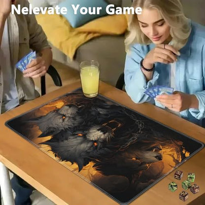 JVGFYNKL MTG Playmat + Drawstring Travel Pouch + 6 Dice Counter, for Tabletop Trading Card Game Playmats or Large Mouse Pad, Anti-Slip Rubber 24 x 14 in, Ferocious Wolf TCG Playmat - color: JV-Playmat-1-F-174
