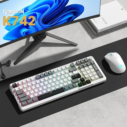 Redragon K742 Wireless Mechanical Gaming Keyboard with Knob, Bluetooth 5.0/2.4GHz/USB C Wired Creamy Keyboard with Number Pad for PC Computer, RGB Backlits, Hot-Swappable with Linear Switches (White) - color: White