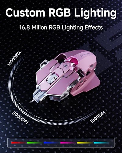 EWEADN G5 Wired Gaming Mouse with Adjustable Tail, 12800 DPI Programmable Computer Mouse with RGB Backlit, 9 Macro Buttons, Rapid Fire Key & Aluminum Base Ergonomic PC Mice for Laptop, PC-Pink - color: Pink