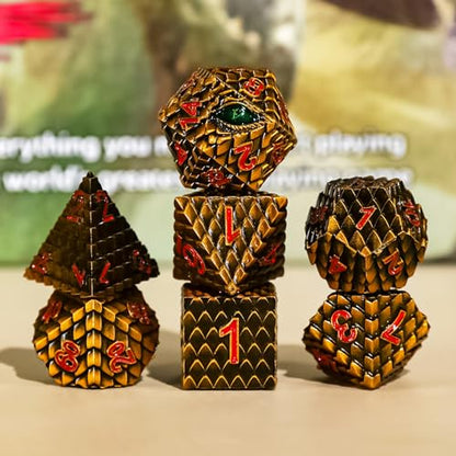 Metal Dice Set D&D,7 PCS Dragon Scale Metallic DND Dice Set,Dragon Eye Metal Dice with Gift Metal Box for Dungeons and Dragon Tabletop Game (Yellow Dragon Scale & Green Eye) - color: Yellow Dragon Scale & Green Eye
