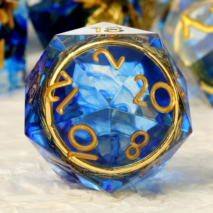 DNDND Sharp Edge D&D Dice Set - 7-Piece Swirl Resin with Golden Ring Inside with Gift Case for DMS & Players - Blue - color: Ring Blue