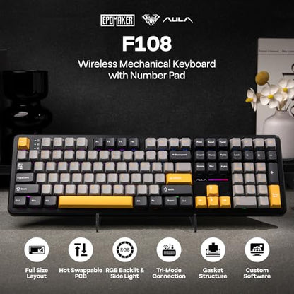 EPOMAKER Aula F108 Wireless Gaming Keyboard, Full Size Mechanical Keyboard with 4000mAh Battery, 108 Hot-Swappable and Programmable Keys, RGB Backlight, for Mac/PC/Android (Grey&Yellow) - color: Grey&Yellow