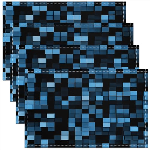 Pixelated Blocks Kids Placemats Set of 4,Patchwork Square Video Games Table Place Mats,Geometric Patchwork Grid Kitchen Decor,Blue Placemat Kitchen Table Decoration 12"x18" - color: Blue