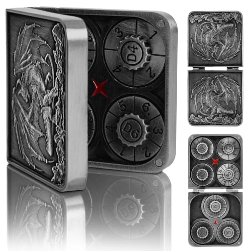 7-in-1 DND Pocket Spinner Dice Set, Foldable Flip Dice with Delicate Dragon Iron Box, Compact Dice Set for DND Role-Playing Games Fans (Silver)