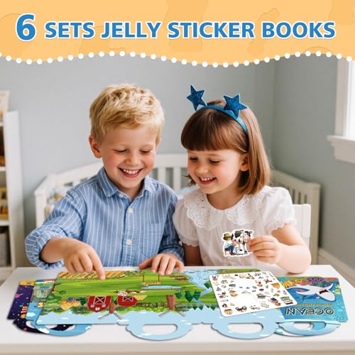 6 Sets Reusable Sticker Book for Toddlers 3-6, Jelly Sticker Books for Toddler, Travel Sticker Activity Toys for Kids 3 4 5 6 Years Old Girls & Boys