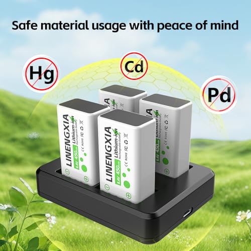 9V 450mAh Li-ion Rechargeable 4-Pack with 4-Slot Charger | 4-Slot Smart Charger, Independent Charging, MCU Protection, for Mics/Multimeters/Alarms, 1200 Cycles