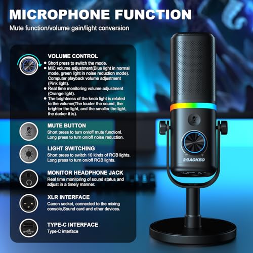 Microphone for PC, AK-10 USB/XLR Dynamic Desktop Microphone for Gaming,Podcast,Streaming with RGB Light,Volume Control,Mute Button,Noise Reduction - color: Black