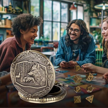 Wolf Pocket Watch Dice Set with Leather Bag, DND Starter Set, Mini Dice Kit - color: Wolf Dice Set