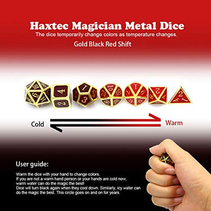 Haxtec Color Changing Metal DND Dice Set Gold Black Red Color Shifting D&D Dice with Leather Dice Bag Compatible with Dungeons and Dragons TTRPG DND Gift - color: Gold Black Red
